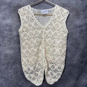 Vintage 90s Jon Christy Crochet Floral Lace Vest Size M Cream Pearl Cottagecore